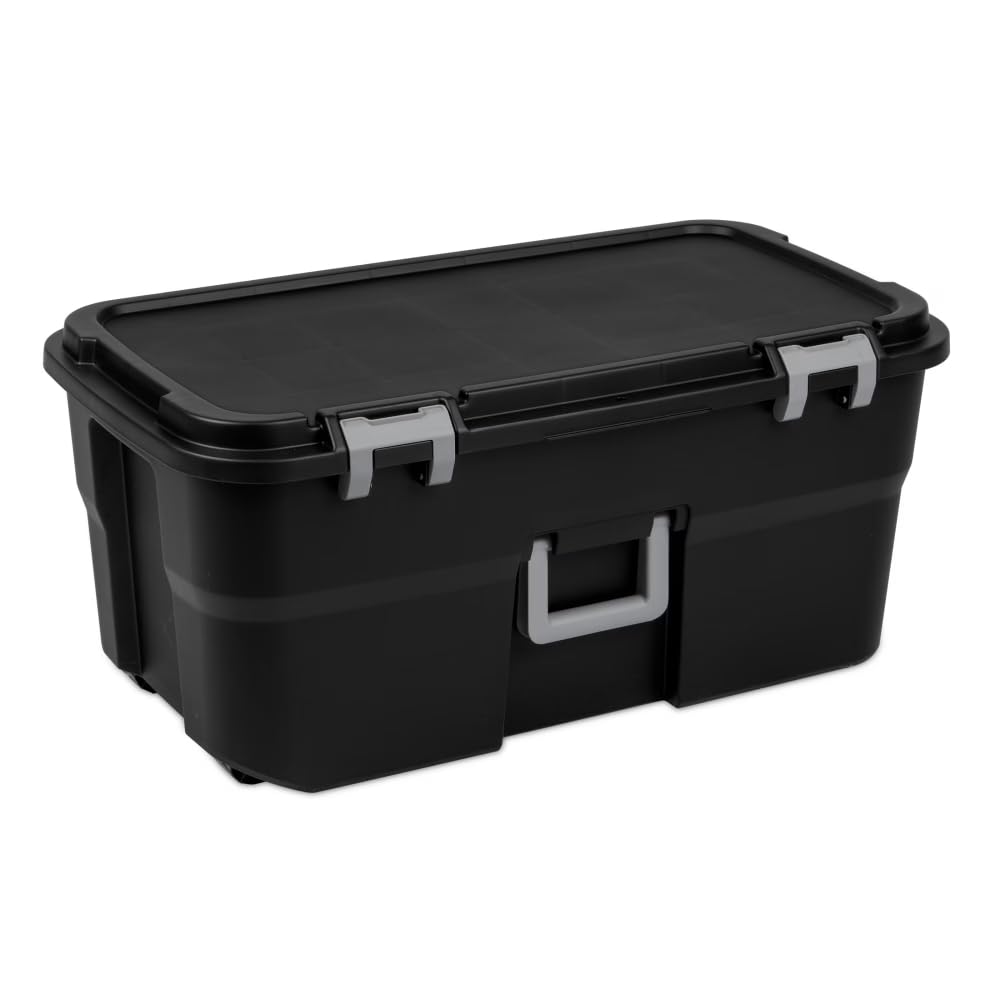 Black 22 Gallon Wheeled Plastic Storage Trunk with Lockable Lid J86989