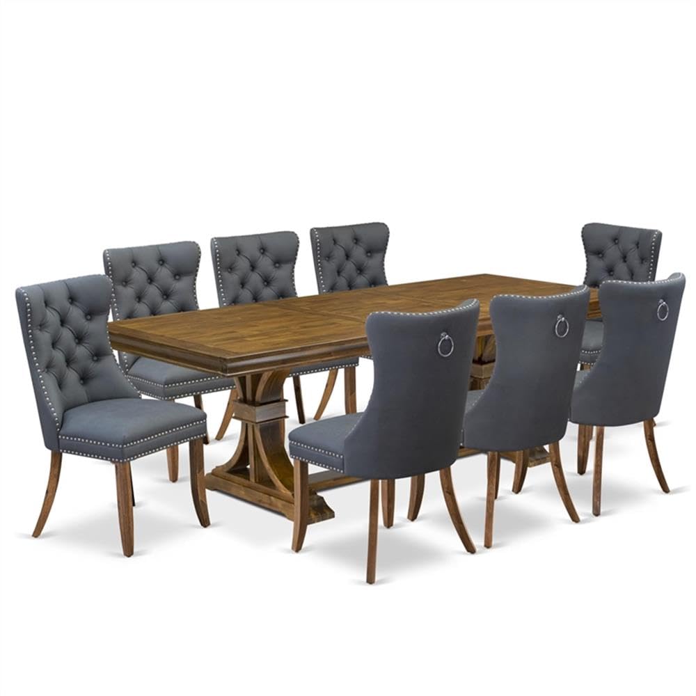 9-Piece Acacia Wood Dining Set with Gray Faux Leather Chairs G3854