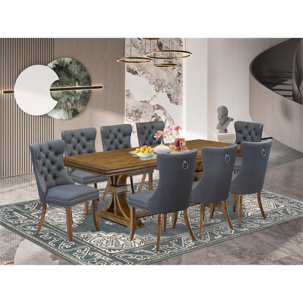 9-Piece Acacia Wood Dining Set with Gray Faux Leather Chairs G3854