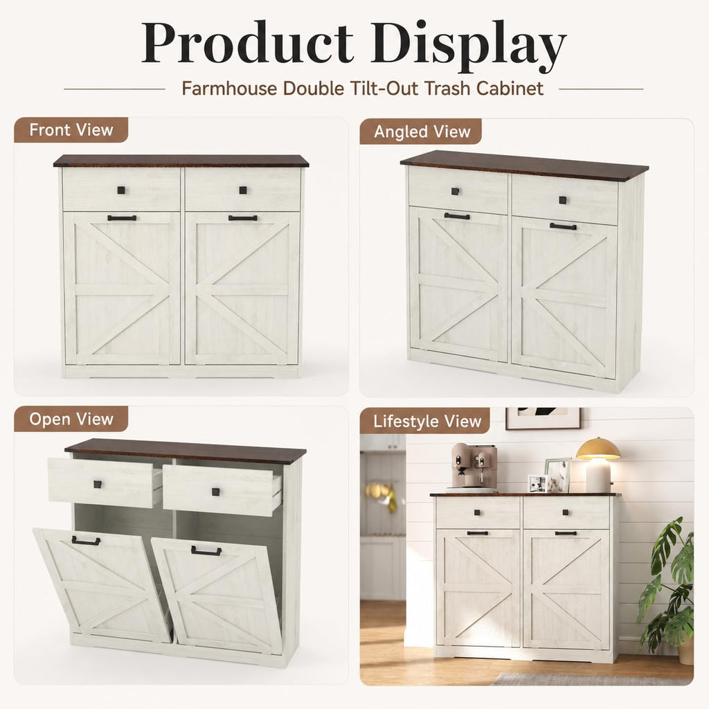 20 Gallon White Wooden Double Tilt Out Trash Can Cabinet with 2 Drawer Z126136