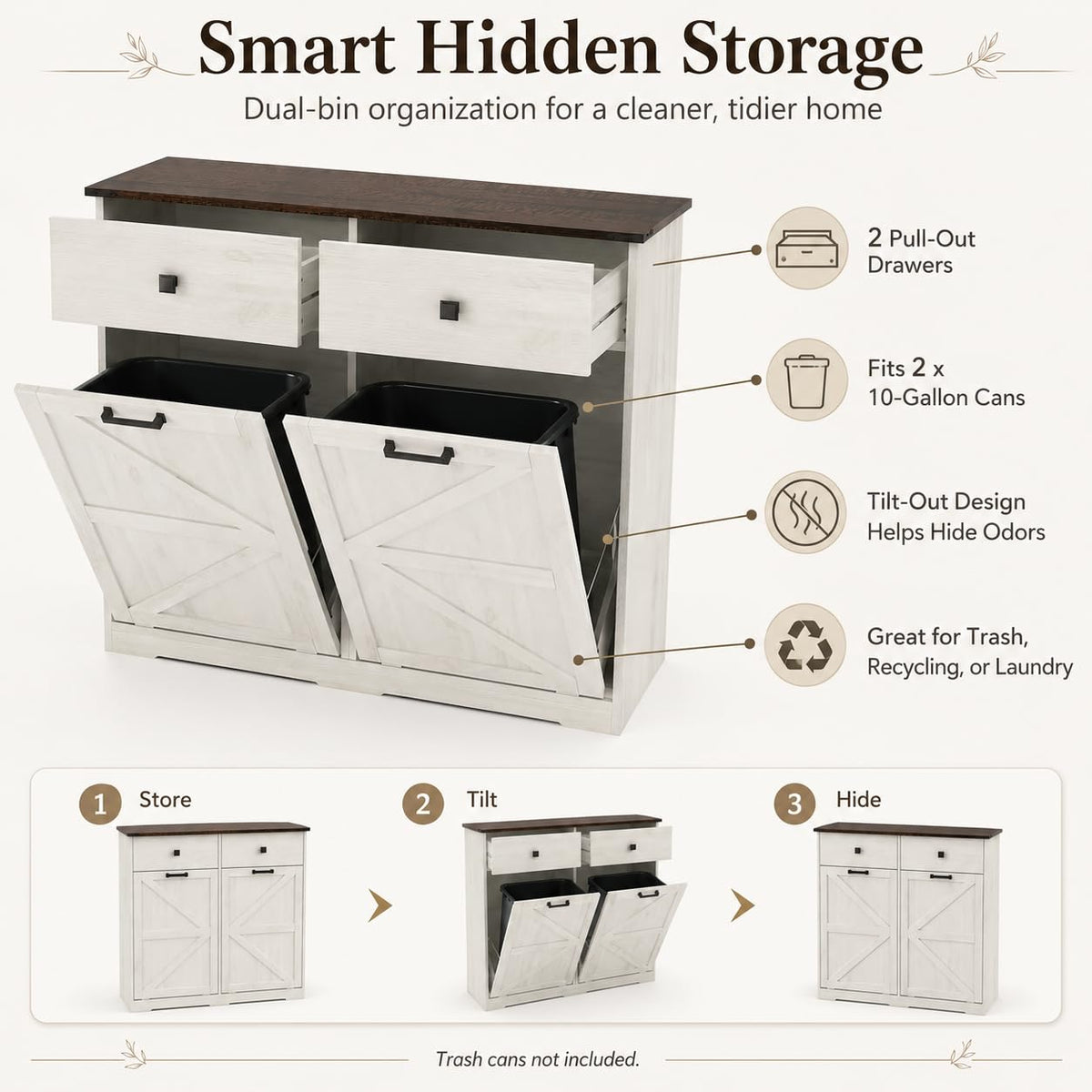 20 Gallon White Wooden Double Tilt Out Trash Can Cabinet with 2 Drawer Z126136