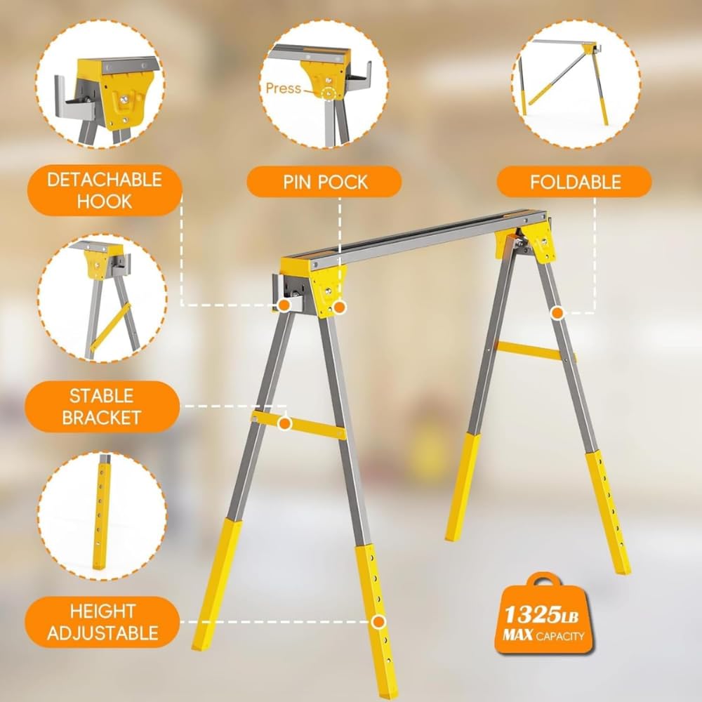 Heavy Duty Folding Sawhorses 2-Pack with 6 Height Adjustments D27784