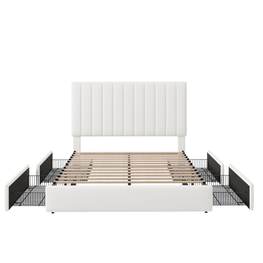White Velvet Queen Size Storage Bed Frame with 4 Underbed Drawers Y219290