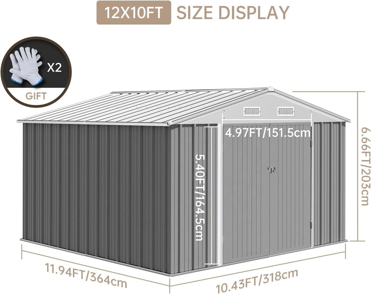12X10FT Metal Storage Shed with Lockable Doors B354