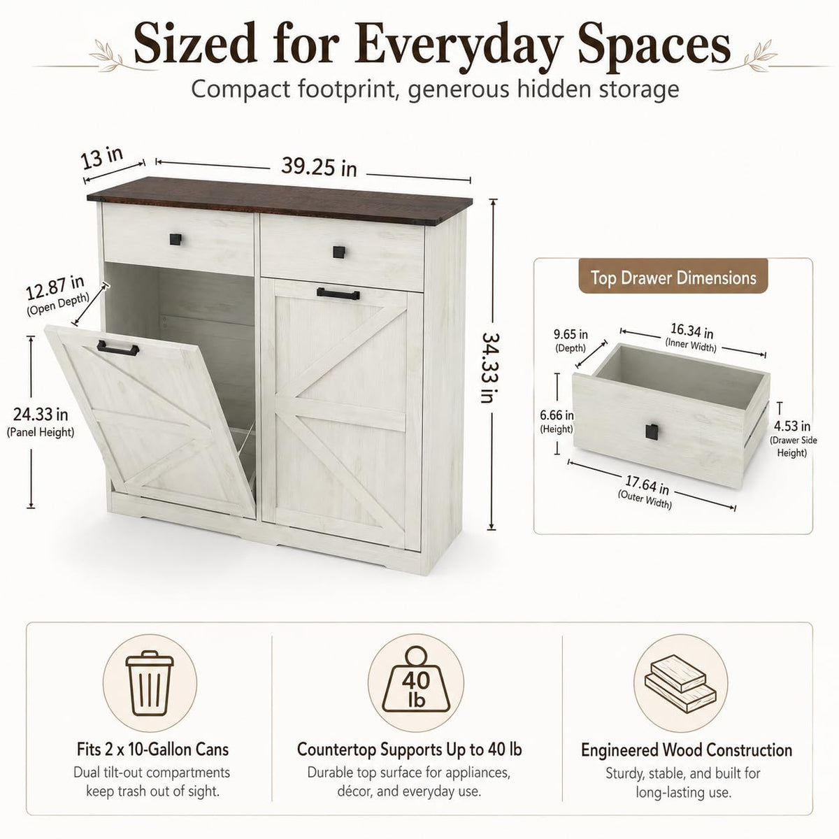 20 Gallon White Wooden Double Tilt Out Trash Can Cabinet with 2 Drawer Z126136