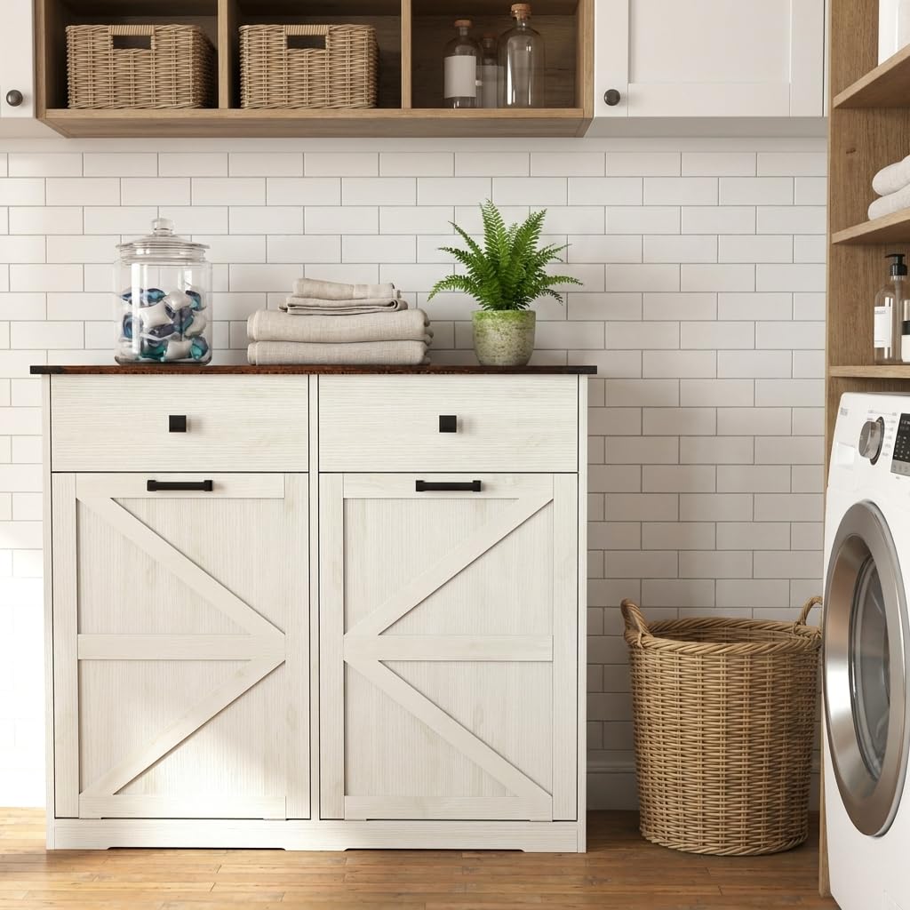 20 Gallon White Wooden Double Tilt Out Trash Can Cabinet with 2 Drawer Z126136