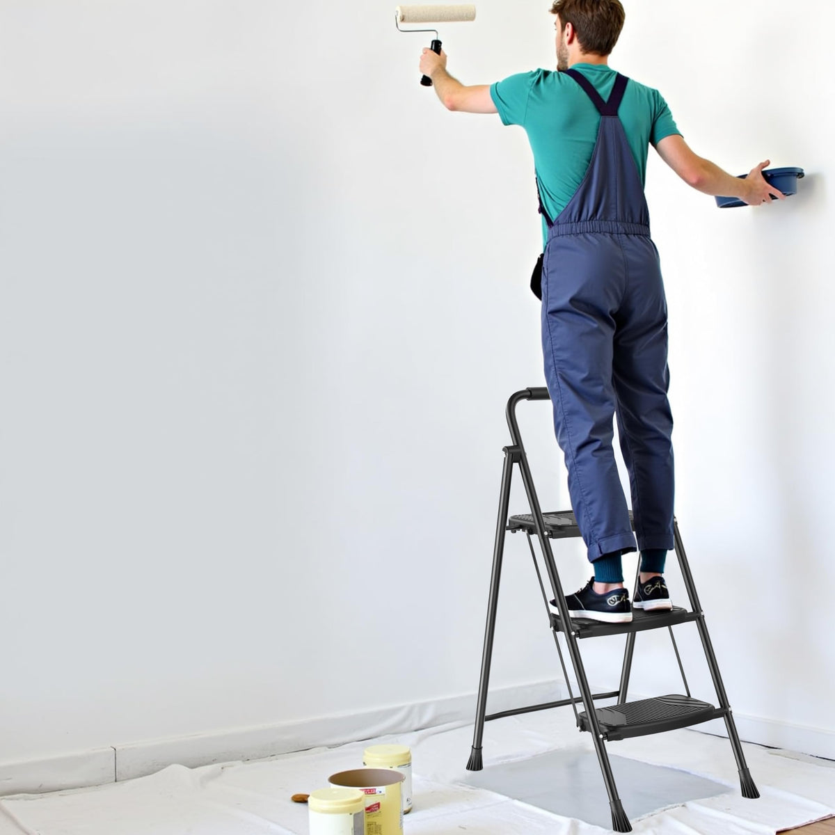 Folding Steel 3-Step Ladder with Handrail A9924