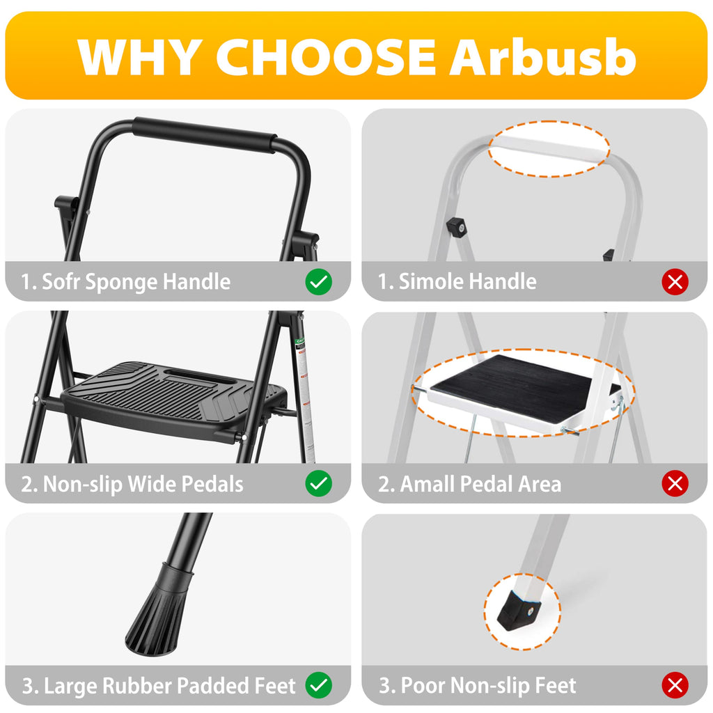 Folding Steel 3-Step Ladder with Handrail A9924