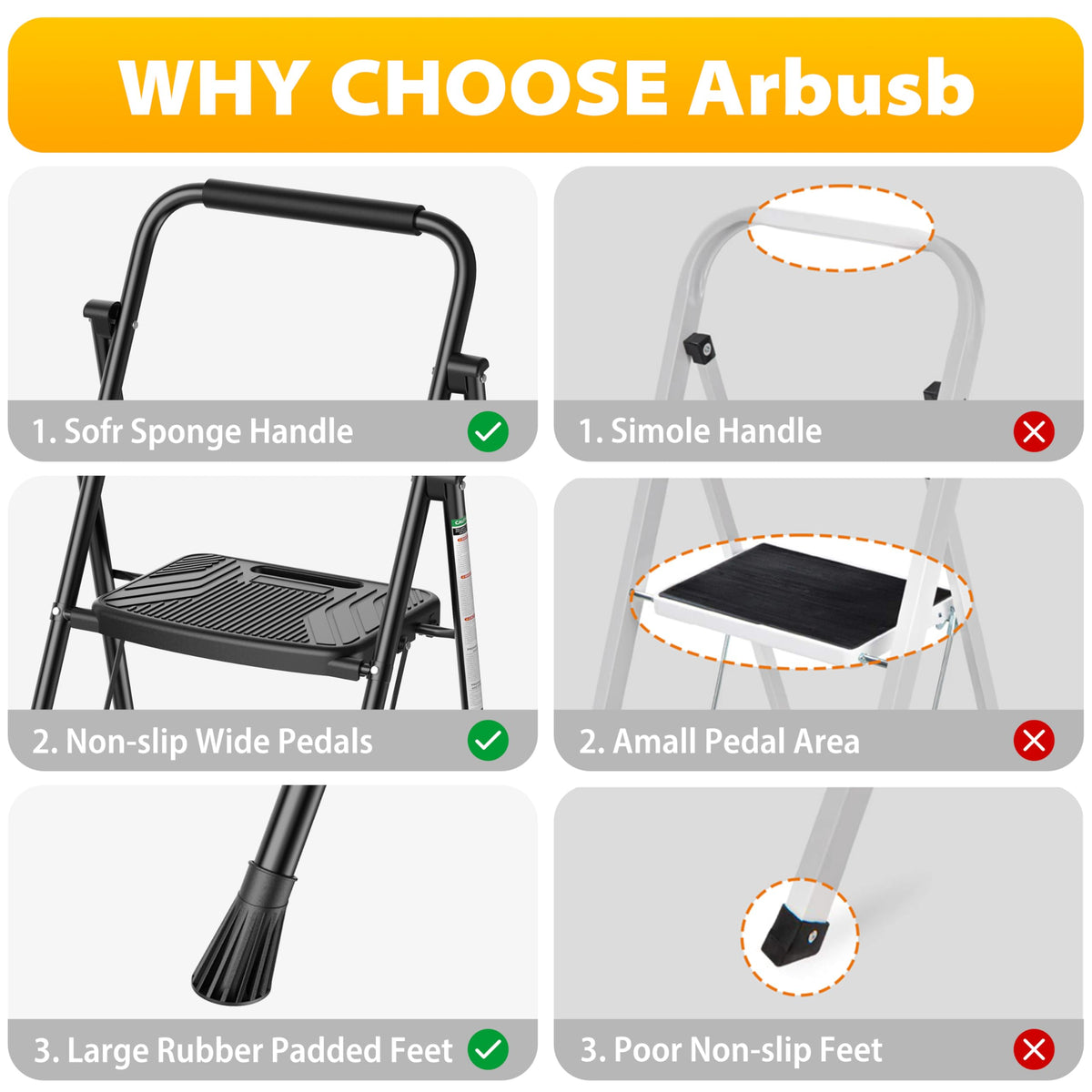 Folding Steel 3-Step Ladder with Handrail A9924