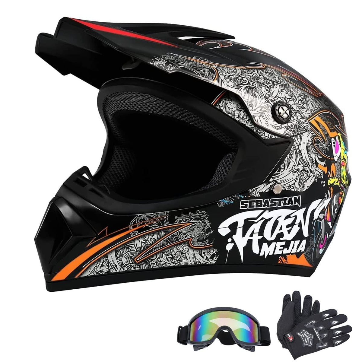 Black Motocross Helmet with Gloves and Goggles P843592
