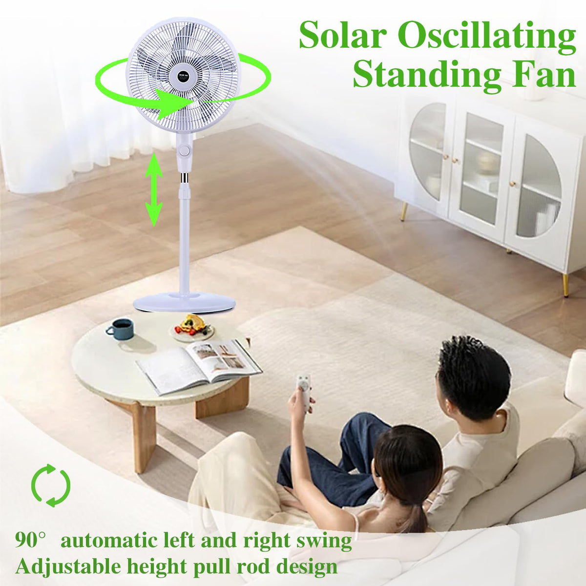 16" Solar Oscillating Standing Fan, 10000mAh Rechargeable, 3 Speed, White O694125