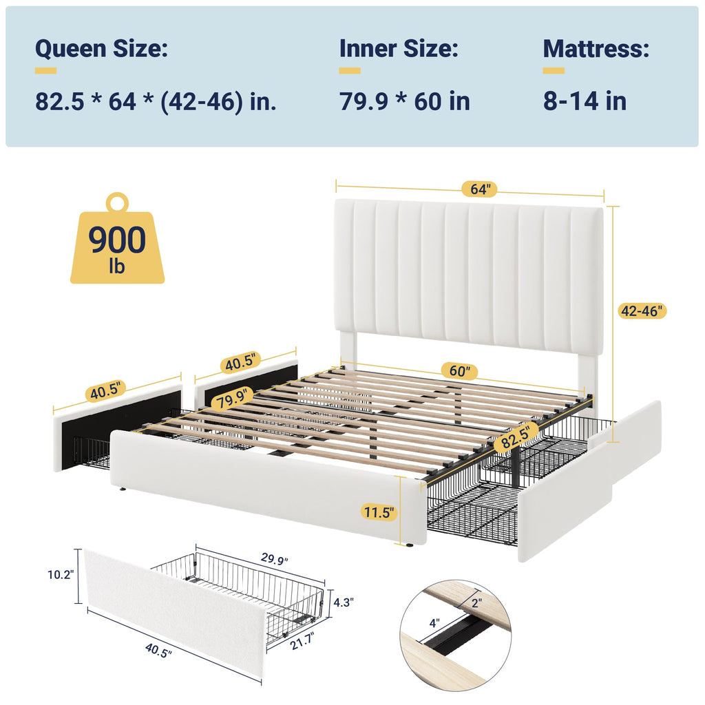 White Velvet Queen Size Storage Bed Frame with 4 Underbed Drawers Y219290