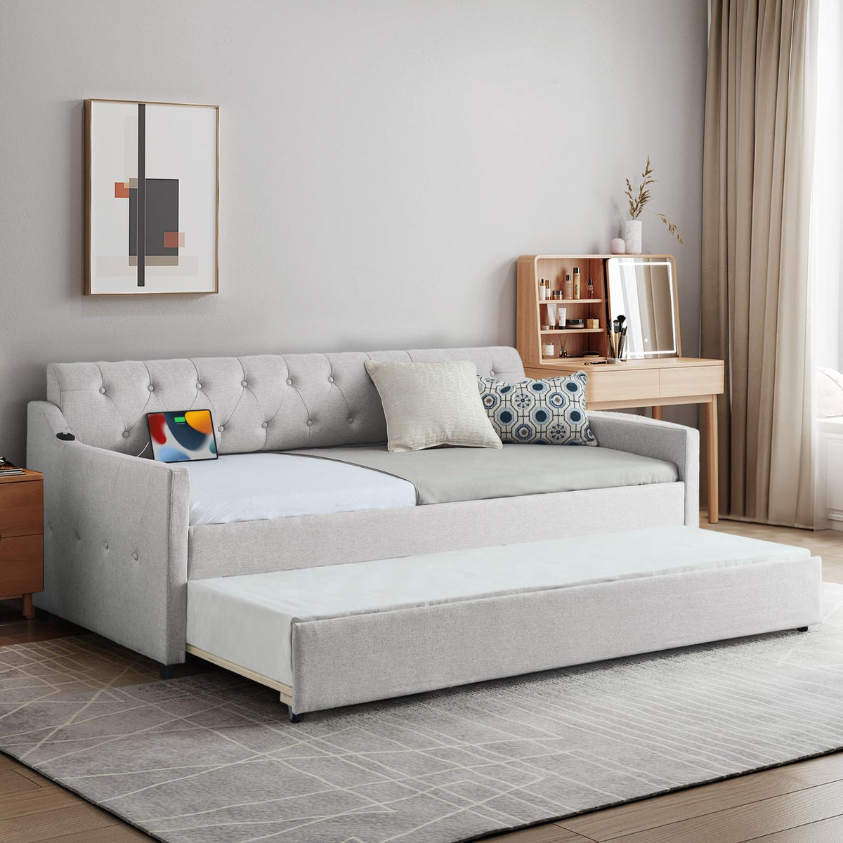Beige Linen Upholstered Daybed with Pop Up Trundle N1154