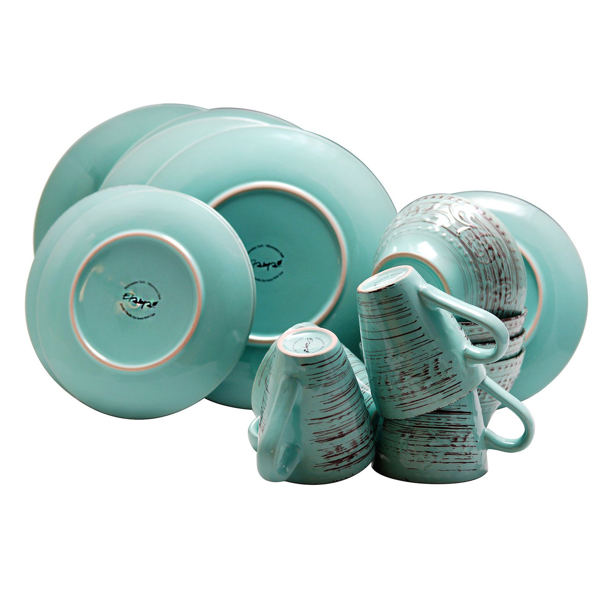 Turquoise 16 Piece Embossed Stoneware Dish Set S690