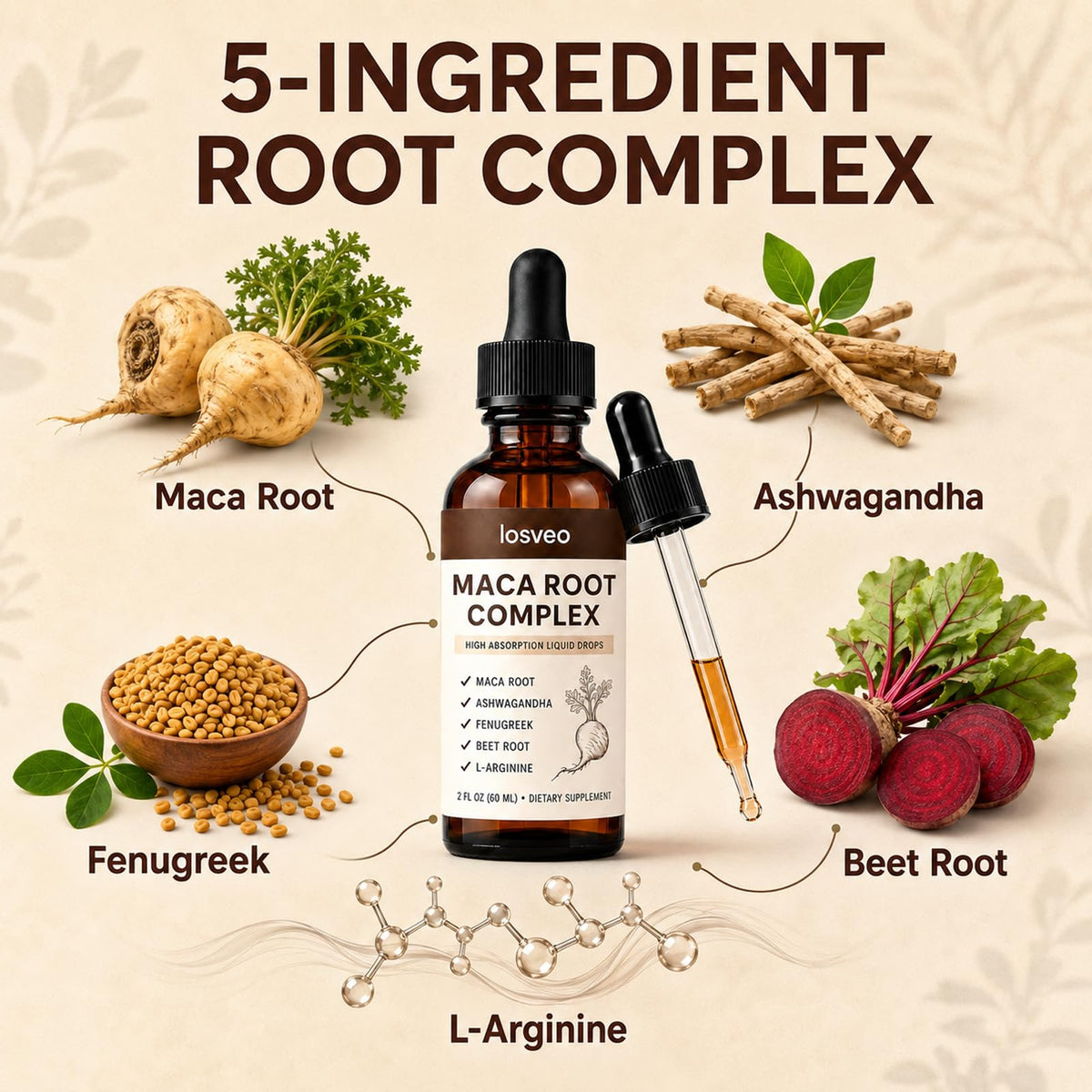 Maca Root Complex Drops with Ashwagandha, Fenugreek, Beet Root & L-Arginine, 2floz B348134