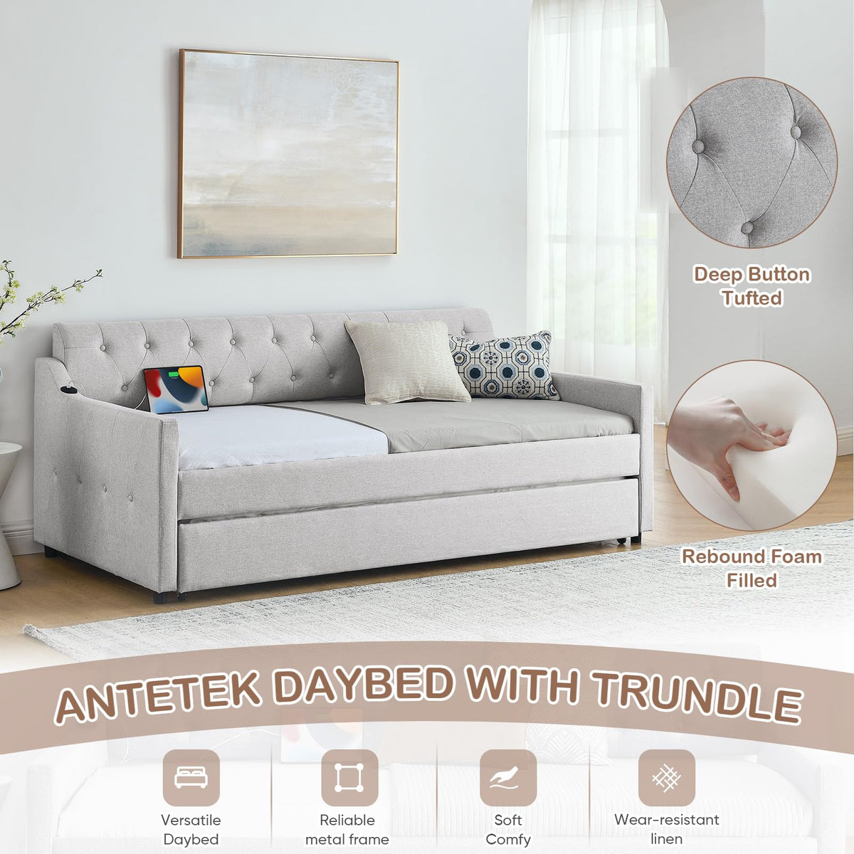 Beige Linen Upholstered Daybed with Pop Up Trundle N1154