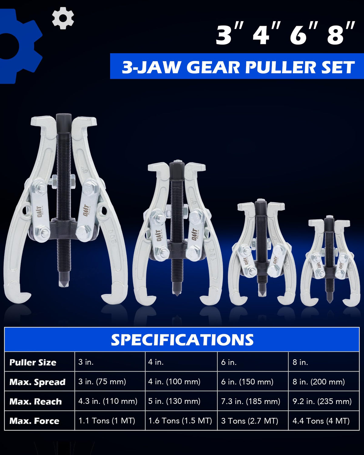 3" 4" 6" 8" 3 Jaw Gear Puller Set with Reversible Jaws Y5173