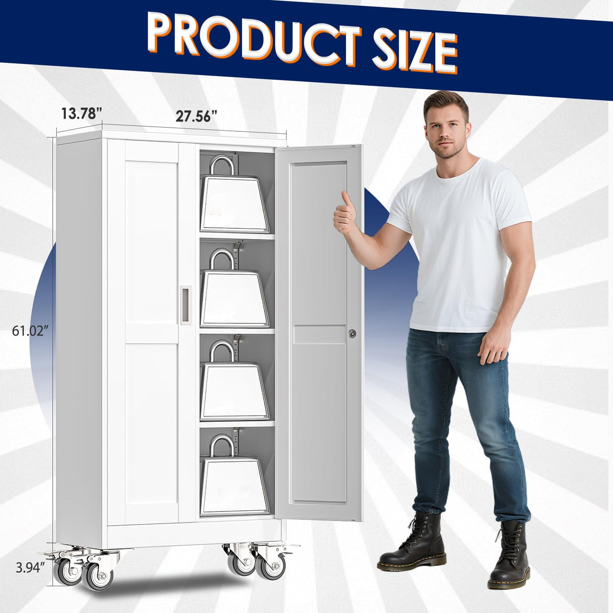 61" Metal Rolling Storage Cabinet with 2 Doors and Wheels W3444