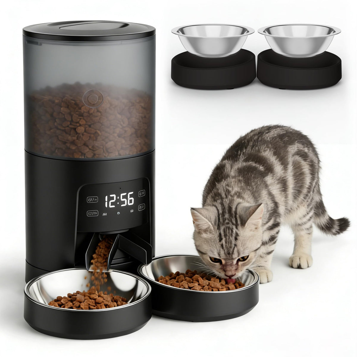 6L Automatic Cat Feeder with 2 Stainless Bowls Black P1144