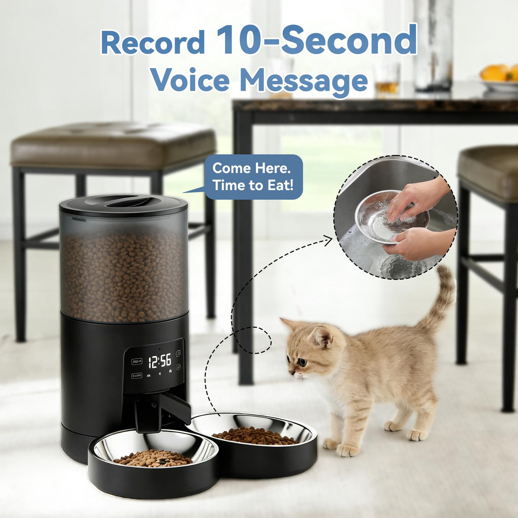 6L Automatic Cat Feeder with 2 Stainless Bowls Black P1144