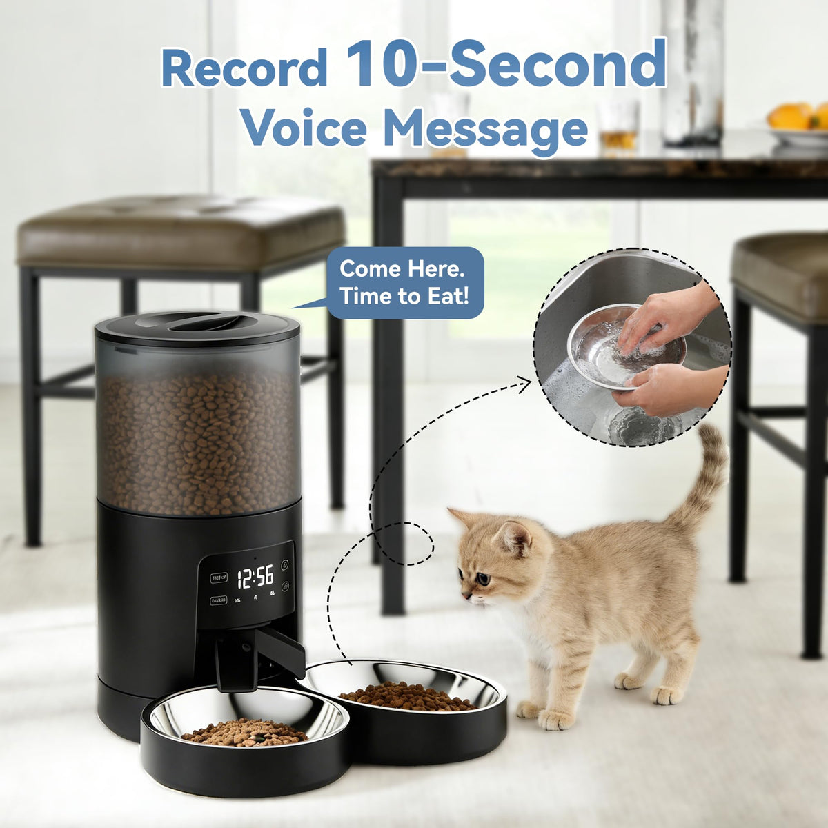 6L Automatic Cat Feeder with 2 Stainless Bowls Black P1144