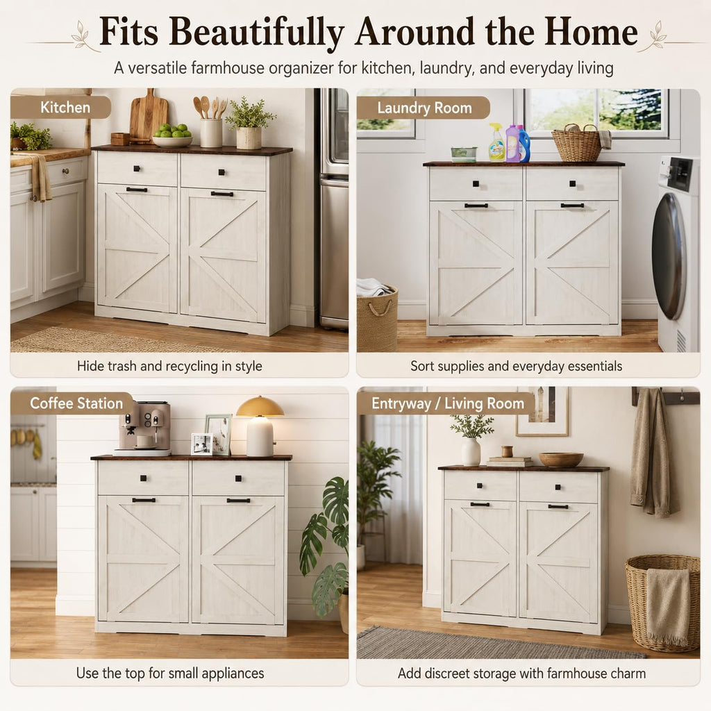 20 Gallon White Wooden Double Tilt Out Trash Can Cabinet with 2 Drawer Z126136