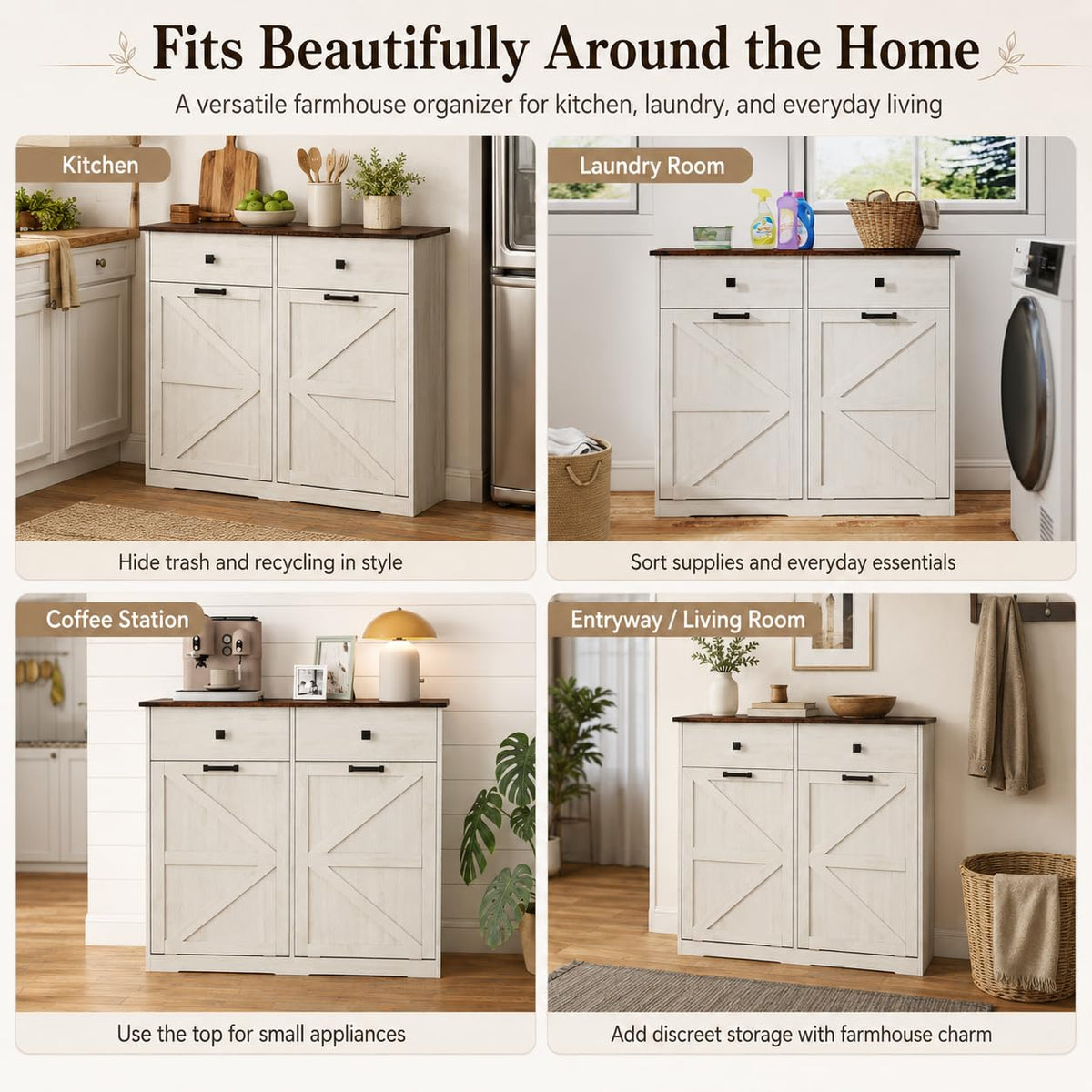 20 Gallon White Wooden Double Tilt Out Trash Can Cabinet with 2 Drawer Z126136