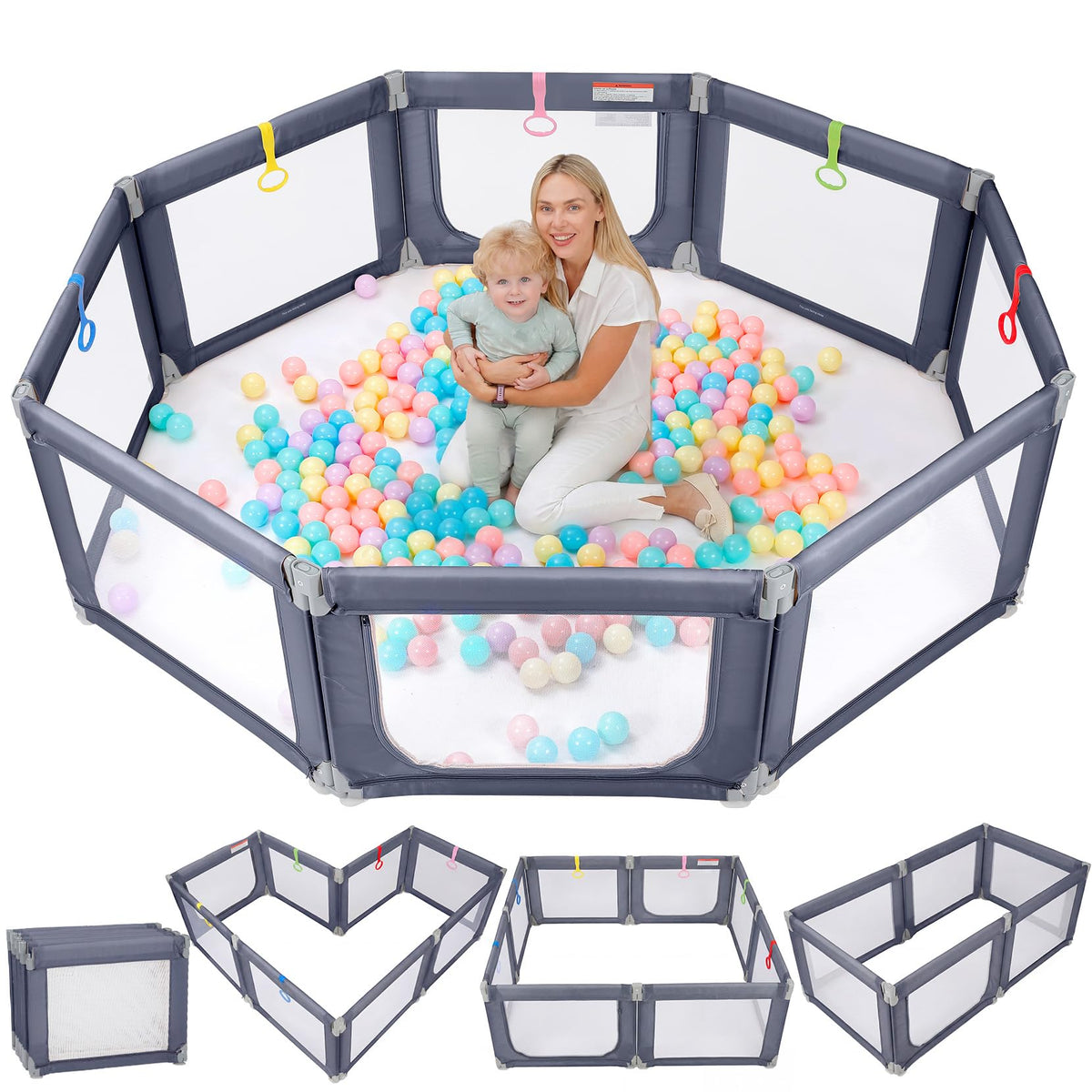 Foldable Baby Playpen 71"×69" Grey N957