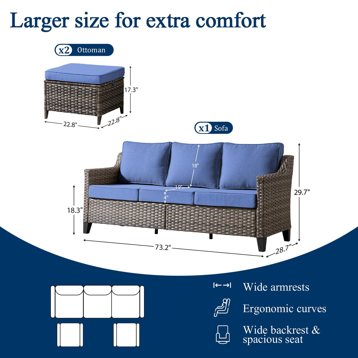 3 Pieces All Weather Wicker Patio Sofa Set with 2 Footstools R927