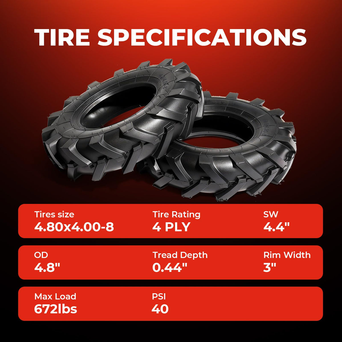 4.80x4.00x8 Lawn & Garden Mower Tires, Set of 2, 4 Ply Tubeless K9703