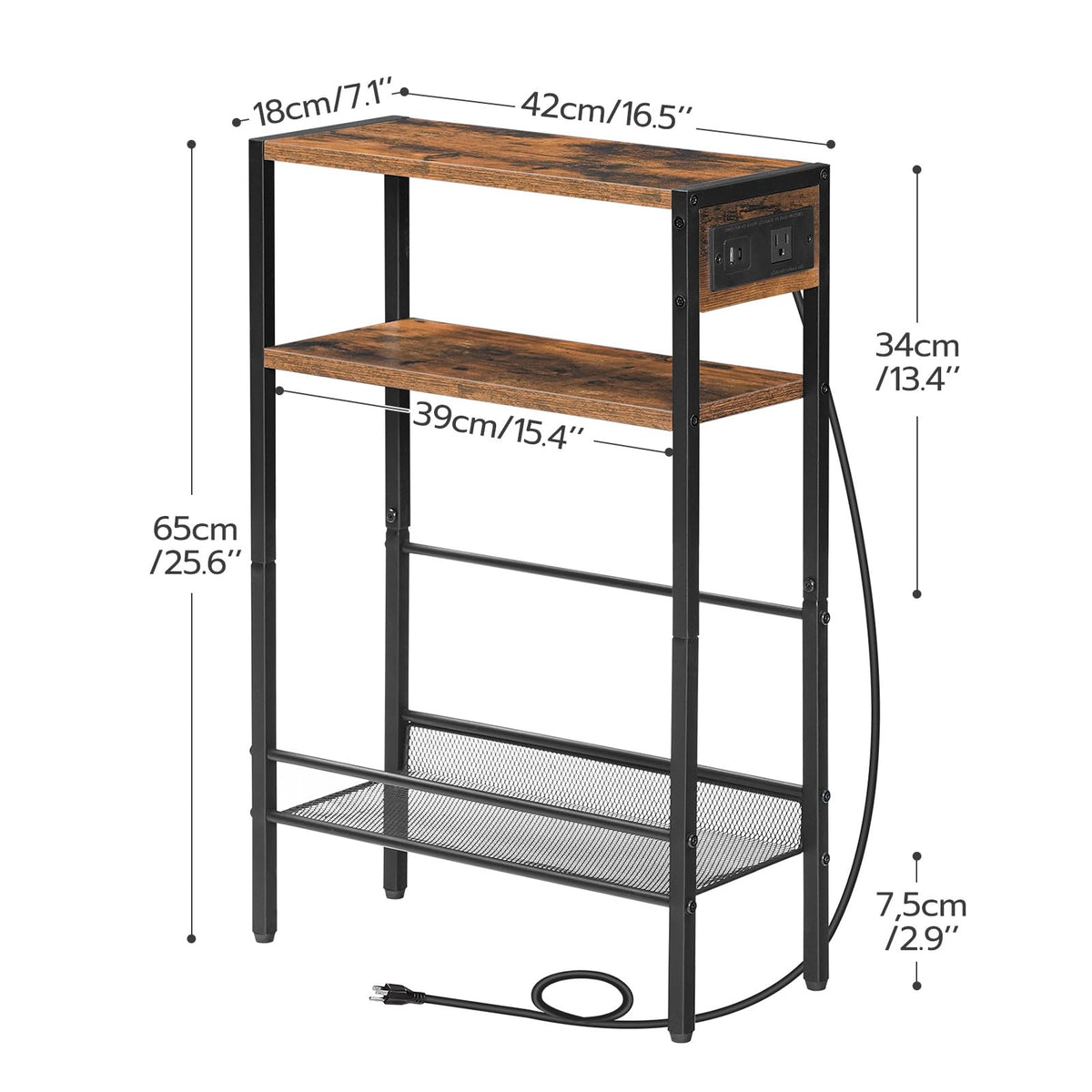 Small Narrow Side Table with Charging Station and Storage Shelf L2679