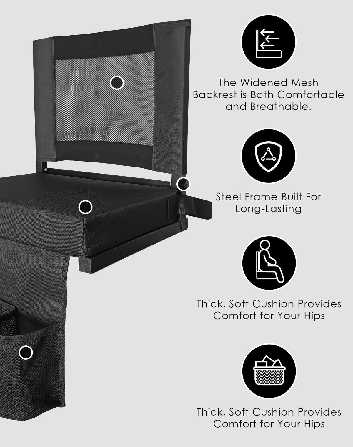 Portable Folding Bleacher Seats with Back Support and Cushion, Black Y53511