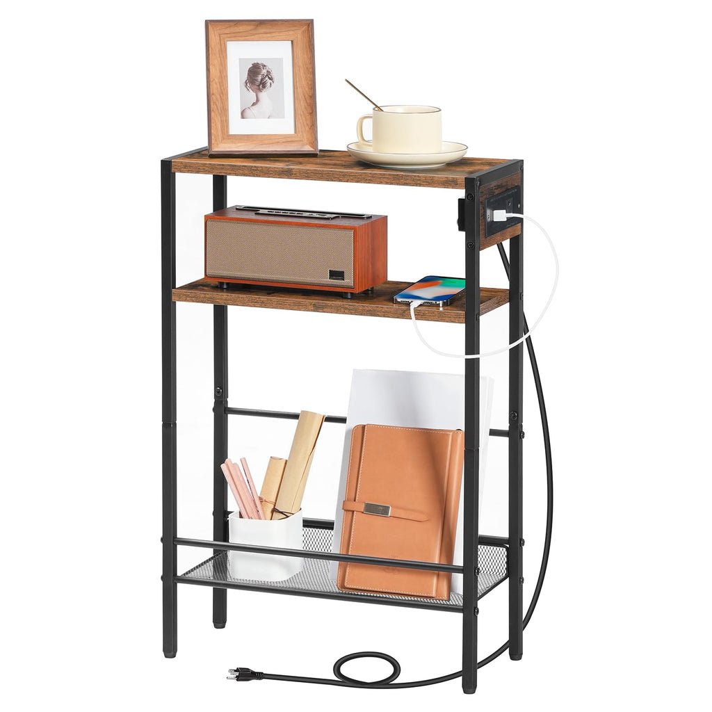 Small Narrow Side Table with Charging Station and Storage Shelf L2679