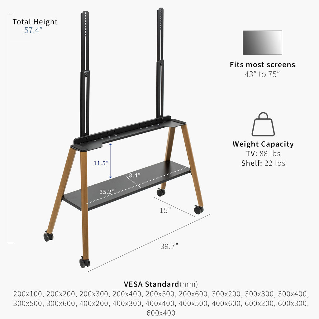 43 to 75 inch Adjustable Mobile TV Stand with Walnut Legs M909