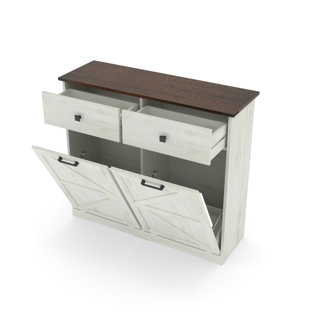20 Gallon White Wooden Double Tilt Out Trash Can Cabinet with 2 Drawer Z126136