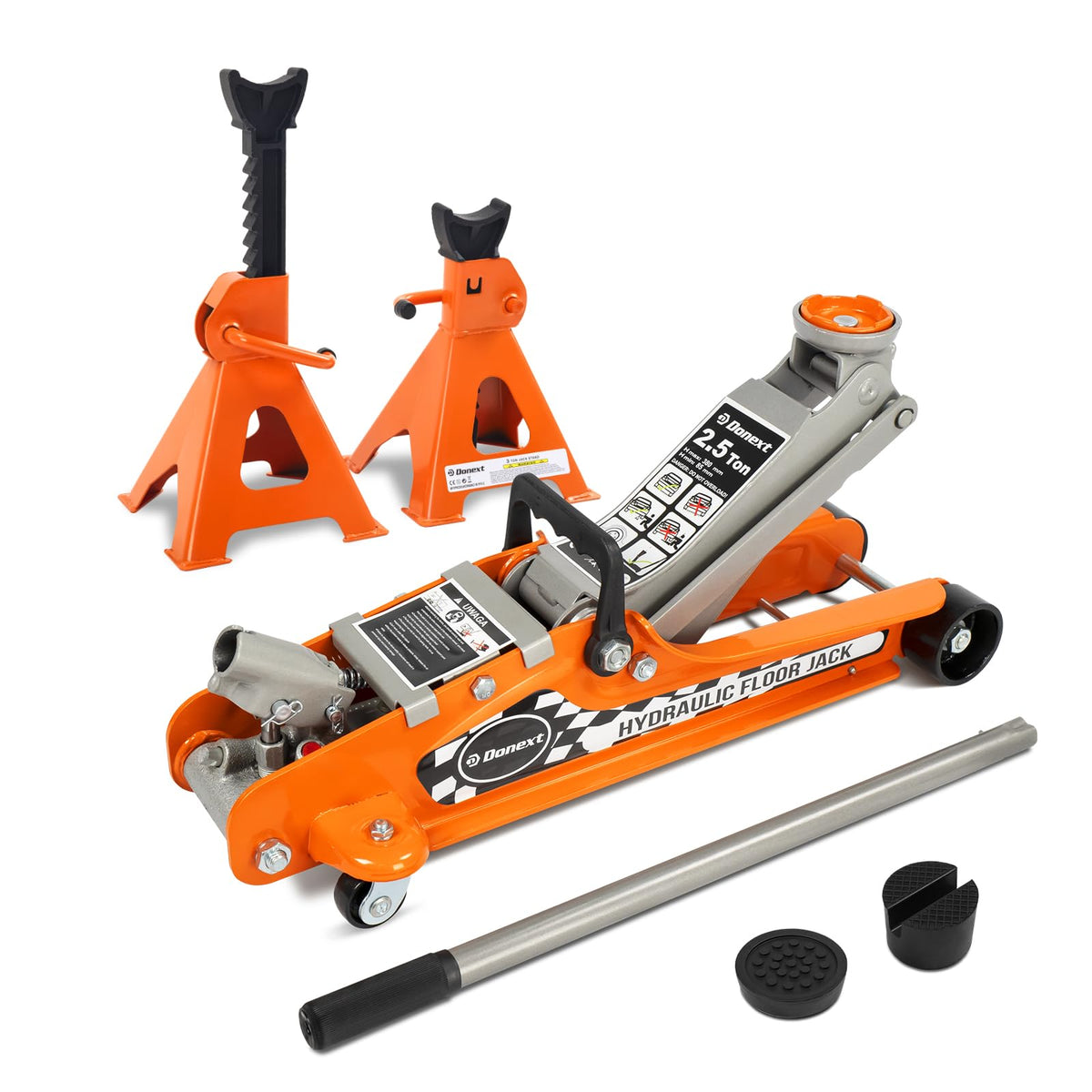 Steel Floor Jack and Orange Jack Stands E4762