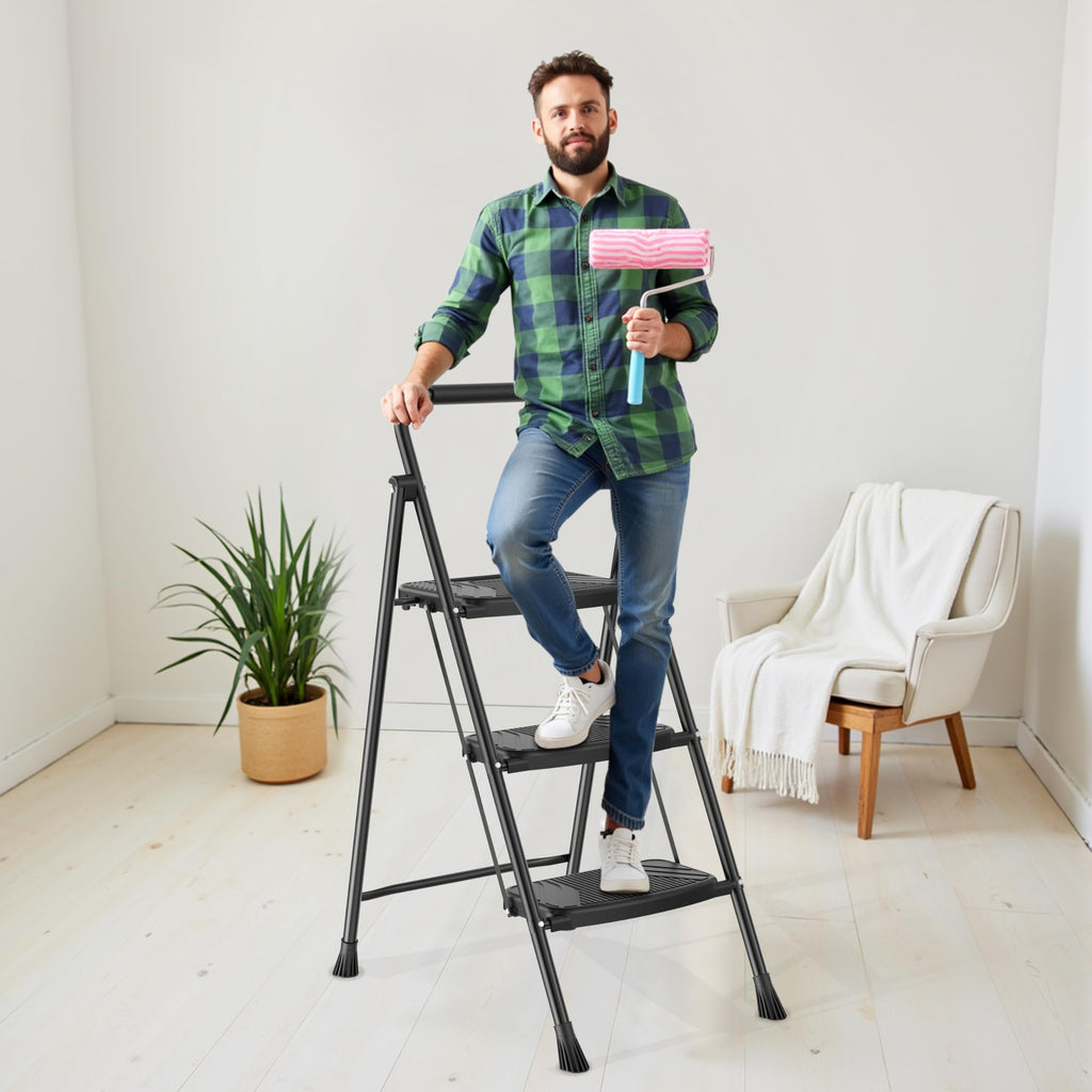 Folding Steel 3-Step Ladder with Handrail A9924