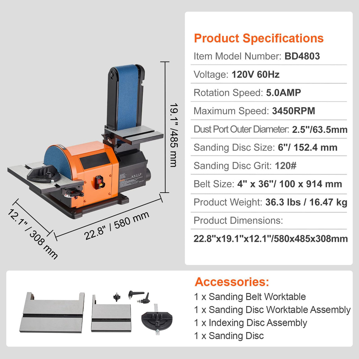 8" Disc and 4" x 36" Belt Sander with 5A Induction Motor F8292