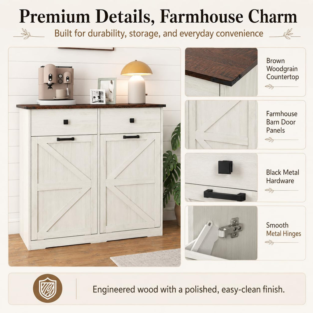 20 Gallon White Wooden Double Tilt Out Trash Can Cabinet with 2 Drawer Z126136