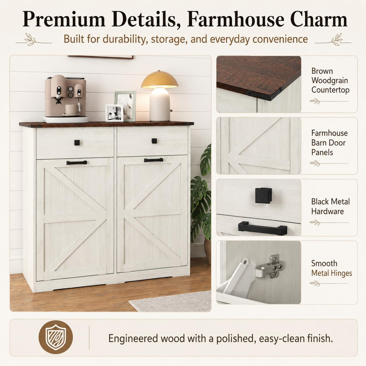 20 Gallon White Wooden Double Tilt Out Trash Can Cabinet with 2 Drawer Z126136