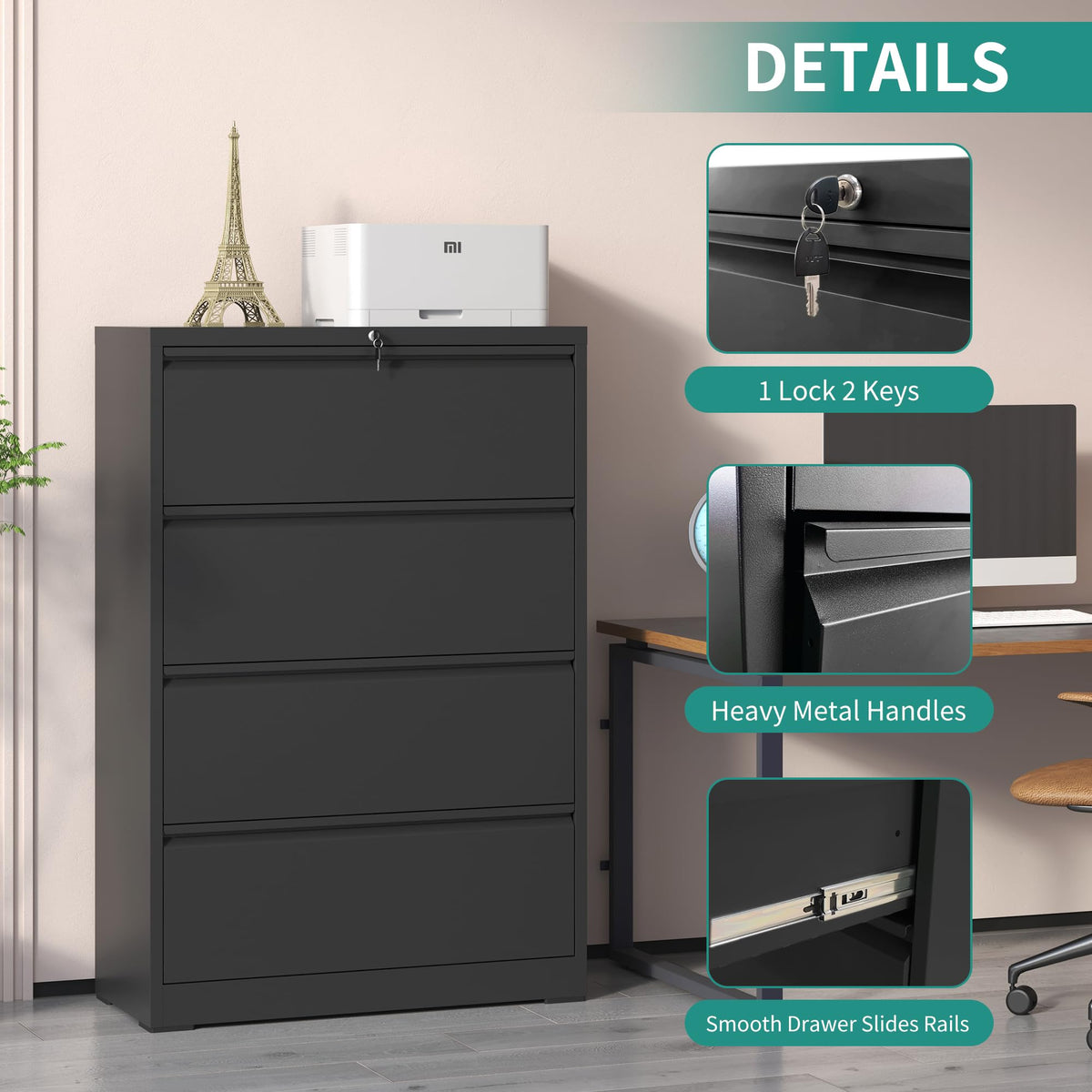 4 Drawer Black Metal File Cabinet with Lock M684