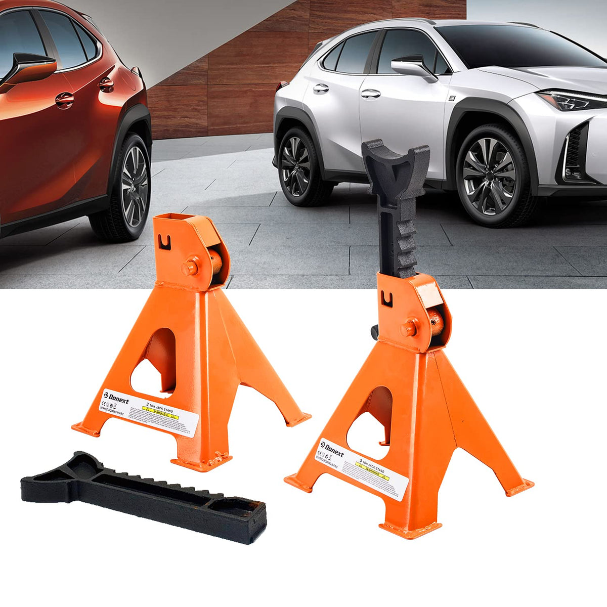 Steel Floor Jack and Orange Jack Stands E4762