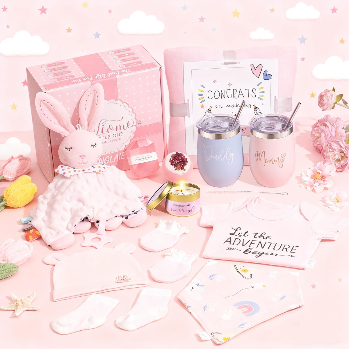 New Mom Gift Basket with Baby Clothes & Tumblers I8962