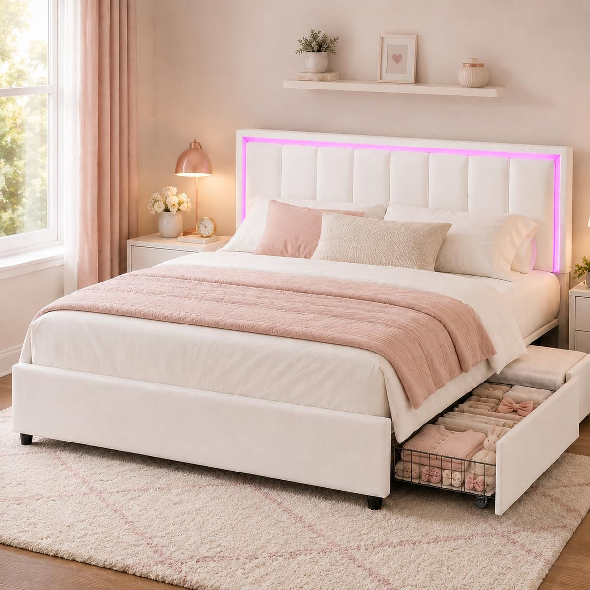 White Faux Leather Upholstered Platform Bed Frame with Headboard and 4 Storage Drawers B449
