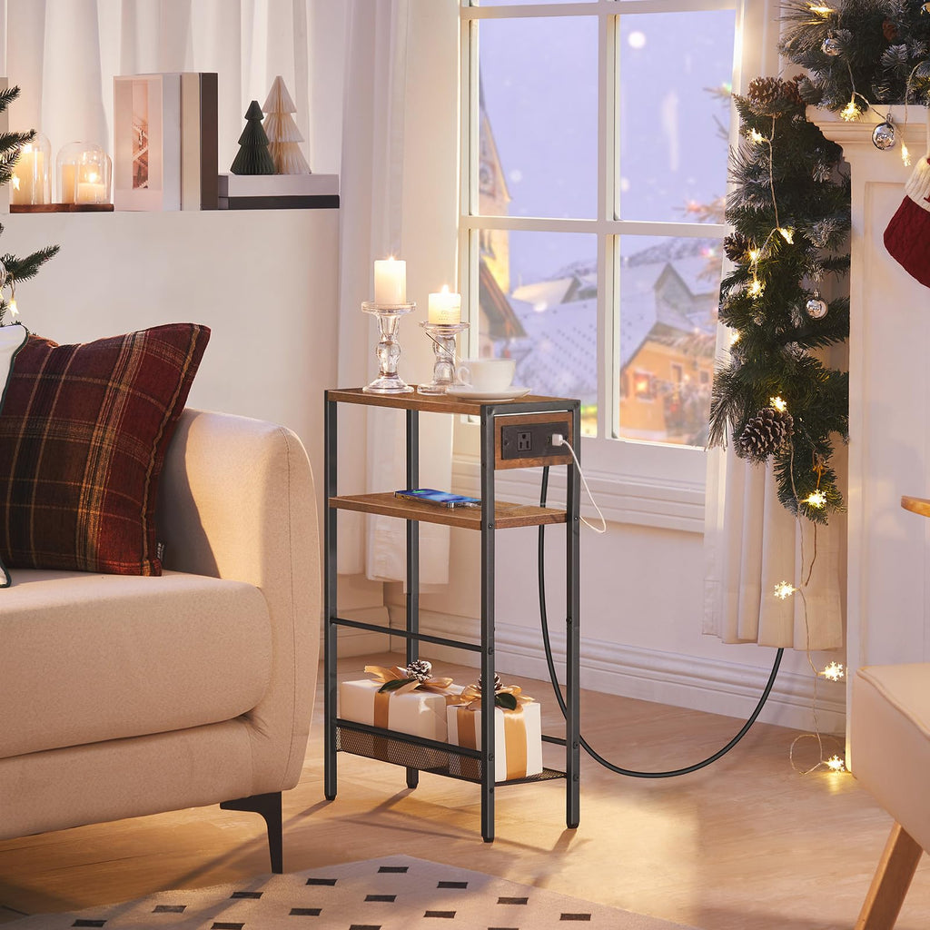 Small Narrow Side Table with Charging Station and Storage Shelf L2679