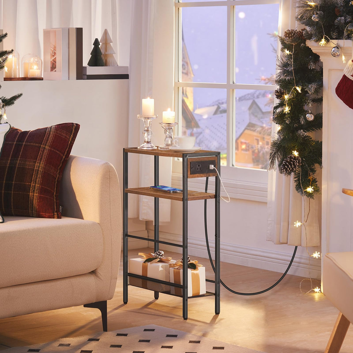 Small Narrow Side Table with Charging Station and Storage Shelf L2679