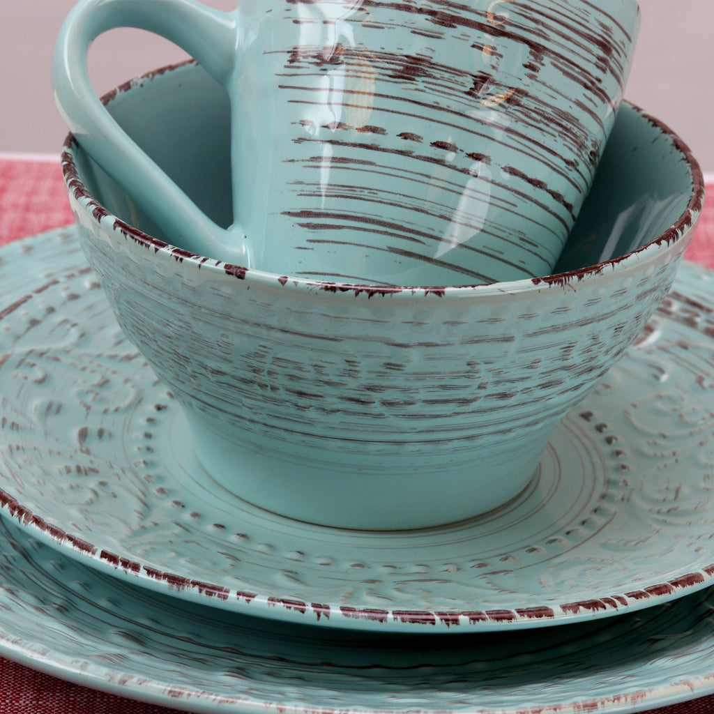 Turquoise 16 Piece Embossed Stoneware Dish Set S690