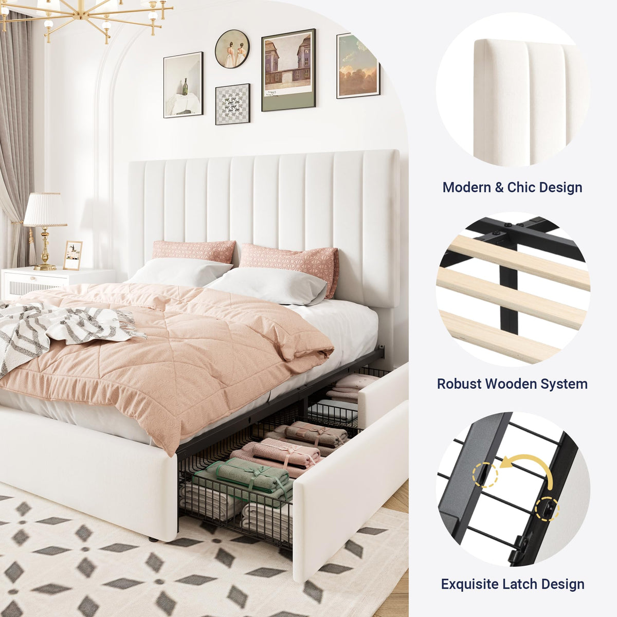 White Velvet Queen Size Storage Bed Frame with 4 Underbed Drawers Y219290
