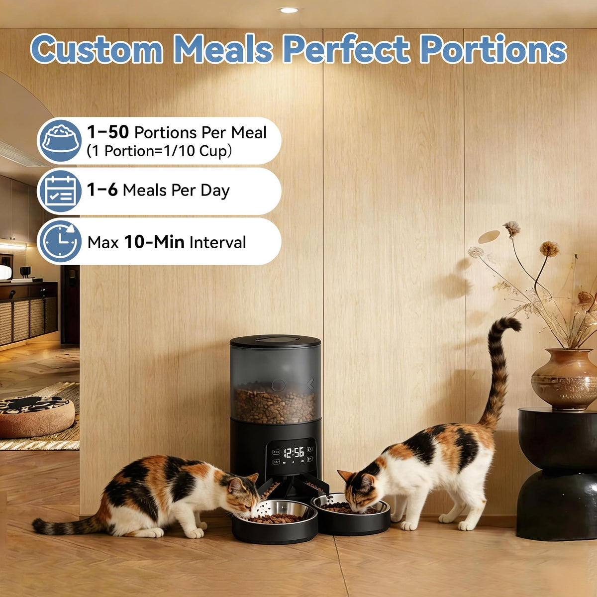 6L Automatic Cat Feeder with 2 Stainless Bowls Black P1144