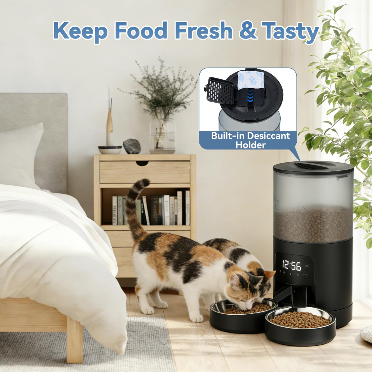 6L Automatic Cat Feeder with 2 Stainless Bowls Black P1144